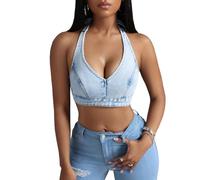 TACSTRUN Women's Denim Corset Top Sleeveless Halter V-Neck Lace Up Sling Backless Tube Top Tank Vest ,Blue,S