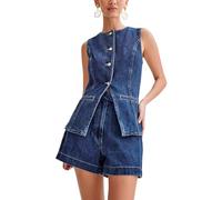 TACSTRUN Women's Denim Set Casual Business Sleeveless Denim Vest Tops and Shorts 2 Piece Denim Outfit Tracksuits,Blue,S