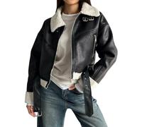 TACSTRUN Women's Faux Shearing Fur Winter Coat Warm Thick Lapel Zipper Fur Lined Faux Leather Jacket with Belt,Black,M