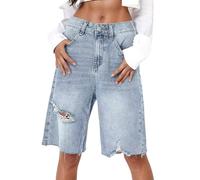 TACSTRUN Women's High Waist Denim Shorts Summer Loose Straight Leg Bermuda Jean Shorts,Blue,L