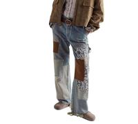 TACSTRUN Women's High Waisted Baggy Jeans Stretch Washed Distressed Patch Wide Leg Straight Denim Pants,Blue,3XL