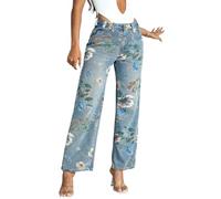 TACSTRUN Women's High Waisted Baggy Jeans Stretch Wide Leg Printed Embroidered Straight Leg Denim Pants,Blue,M