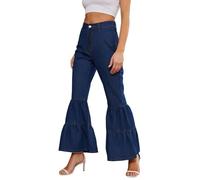 TACSTRUN Women's High Waisted Silm Fit Bootcut Jeans Ruffle Pleated Hem Wide Leg Butt Lifting Bell Bottom Denim Pants,Blue,L