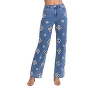 TACSTRUN Women's High Waisted Wide Leg Jeans Trendy Stretch Pearl Floral Openwork Embellished Denim Pants, Blue, S