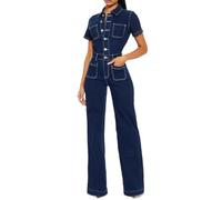 TACSTRUN Women's Loose Stretch Denim Jumpsuit Short Sleeves High Waist Slim Fit Button Flared Wide-Leg Jean Rompers,Blue,L