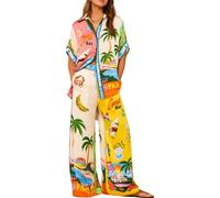 TACSTRUN Women's Lounge Set Pajama Set Short Sleeve Hawaiian Shirt and Wide Leg Pants Two Piece Outfits Casual Loose Loungewear,Multi Colored,M