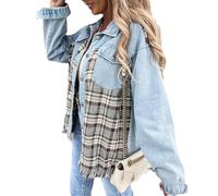 TACSTRUN Women's Plaid Patchwork Jean Jacket Distressed Frayed Hem Oversized Denim Jacket,Blue,M