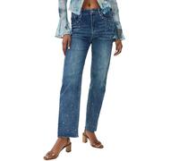 TACSTRUN Women's Rhinestones Straight Leg Jeans High Waisted Stretchy Distressed Denim Pants,Blue,XL