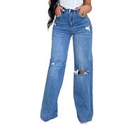 TACSTRUN Women's Ripped High Waisted Baggy Jeans Distressed Straight Leg Denim Pants,Blue,L