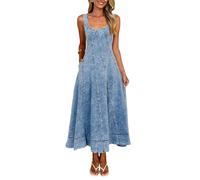 TACSTRUN Women's Sexy A-Line Slim Denim Dress Adjustable Shoulder Strap Washed Spliced Midi Jean Dress,Blue,S