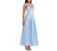 TACSTRUN Women's Sexy Corset Pleated Dress Elegant Tube Top Bustier Midi Dress Flowy Hem Low Cut Prom Dresses,Blue,S