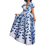 TACSTRUN Women's Sexy High Waist African Dresses Elegant V Neck Boho Print Maxi Kaftan African Attire Dress,Light Blue,S