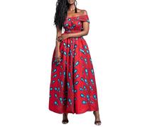 TACSTRUN Women's Sexy High Waist African Dresses Elegant V Neck Boho Print Maxi Kaftan African Attire Dress,RED,M