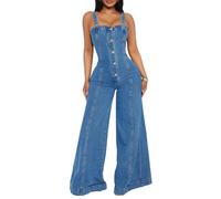TACSTRUN Women's Sexy High Waist Denim Jumpsuit Stretch Washed Buttons Adjustable Wide Leg Rompers Jeans Pants,Blue,L