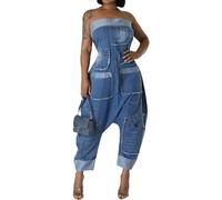 TACSTRUN Women's Strapless Tube Top Denim Jumpsuit Casual Loose Splicing Cargo Jeans Long Rompers,Blue,L