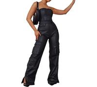 TACSTRUN Women's Strapless Tube Top Leather Jumpsuit Stretch Tight PU Long Cargo Pants Rompers,Black,S