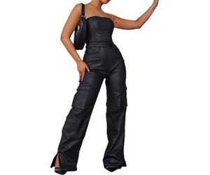 TACSTRUN Women's Strapless Tube Top Leather Jumpsuit Stretch Tight PU Long Cargo Pants Rompers,Black,L