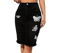 TACSTRUN Women's Stretch Sexy Denim Bodycon Skirt Trendy High Waist Butterfly Print Midi Jean Skirt,Black,M