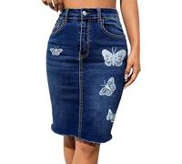 TACSTRUN Women's Stretch Sexy Denim Bodycon Skirt Trendy High Waist Butterfly Print Midi Jean Skirt,Dark Blue,XXL
