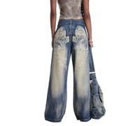 TACSTRUN Women's Vintage Low Rise Y2k Jeans Baggy Stretch Washed Distressed Wings Print Wide Leg Straight Denim Pants,Blue,L