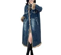 TACSTRUN Women's Winter Plush Collar Denim Trench Coat Sherpa Lining Buttons Long Thicken Jean Jacket Overcoat,Blue,S