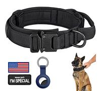 Tactical Dog Collar，Adjustable Military Training Nylon Dog Collar with Control Handle for Medium and Large Dogs，with Patches and AirTags Case (L, Black)