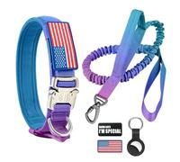 Tactical Dog Collar and Bungee Leash,Military Dog Collar & Leash Set with USA American Flag Adjustable K9 Collar with Heavy Duty Metal Buckle & Handle,with Patches and Airtags Case (Gradient, L)