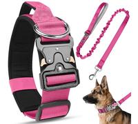Tactical Dog Collar and Lead Set, Adjustable Military Training Nylon Dog Collar with Heavy Duty Metal Buckle & Handle, Soft Padded Breathable Pet Collar for Small Medium Large Dogs (Rose Red, XL)