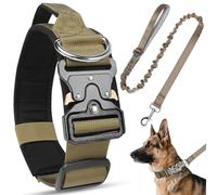 Tactical Dog Collar and Lead Set, Soft Padded Breathable Nylon Pet Collar with Handle and Metal Buckle, Durable Adjustable Military Heavy Duty Dog Collar for Small Medium Large Dogs (Khaki, L)