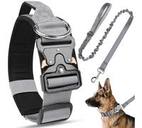Tactical Dog Collar and Lead Set, Soft Padded Breathable Nylon Pet Collar with Handle and Metal Buckle, Durable Adjustable Military Heavy Duty Dog Collar for Small Medium Large Dogs (Grey, L)