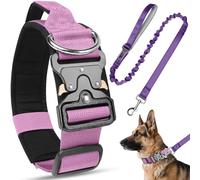 Tactical Dog Collar and Leash Set, Adjustable Military Training Nylon Dog Collar with Heavy Duty Metal Buckle & Handle, Soft Padded Breathable Pet Collar for Small Medium Large Dogs (Purple, XL)