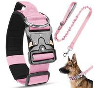 Tactical Dog Collar and Leash Set, Soft Padded Breathable Nylon Pet Collar with Handle and Metal Buckle, Durable Adjustable Military Heavy Duty Dog Collar for Small Medium Large Dogs (Pink, L)