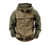 Tactical Hoodies for Men, Full-Zip Hoody Sweatshirt, Patchwork Long Sleeve Hooded Coat Vintage Cargo Pullover Drawstring Jumper Outdoor Workout Gym Sport Hooded Sweatshirt with Pockets Khaki