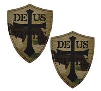 Tactical Shield-Shaped Deus Vult Cross Patches Appliques, Black and Glow-in-Dark, 7.5cm x 6cm, Reflective Military Morale Badges with Hook Backing (Black and Camouflage)