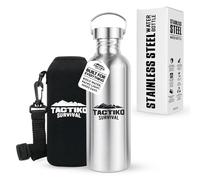 Tactiko Survival 34 oz/1000 ml Stainless Steel Wide Mouth Water Bottle, Single Wall Boil-Safe, Leakproof, BPA-Free with Carry Sleeve and Strap for Camping, Hiking, Outdoor Prep (Black)