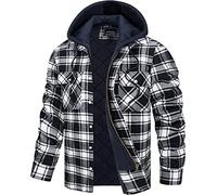 TACVASEN Hooded Shirt Jacket Men Fleece Lumberjack Shirt with Hood Plaid Jacket Coat Quilted Flannel Jacket Checked Collar Shirt Black