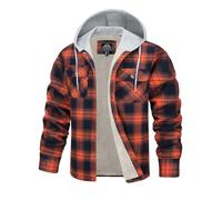 TACVASEN Men's Hooded Flannel Shirts Jacket Lined Fleece Plaid Hoodies Shirts Button Down Padded Check Lumberjack Jacket Orange,M