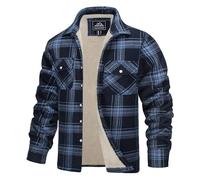 TACVASEN Winter Jackets for Men Outdoor Work Jackets Warm Fleece Checked Jacket Cotton Lumberjack Shirt with Pocket Grey Blue XXL