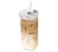 Tadoiooy Glass Cups with Lids and Straws, 400ml Clear Portable Safe Square Drinking Glasses for Cocktail Beer, Soda, Fruit Juice