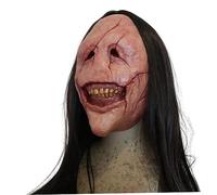 Tadoiooy Halloween Costume, Scary Halloween Mask Creepy Grin Smiling Red Scar Face Demon Mask with Black Long Hair Latex Realistic Evil Scream Mask for Cosplay Halloween Costumes