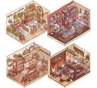 Tadoiooy Sticker Scenes, Scene Stickers 4 Set Cafe, Bakery, Library & Greenhouse 3D House Stickers DIY-Friendly Adorable 3D Stickers PET Stress Relief Stickers for Adults, Kids