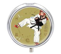 Taekwondo Design Pill Box Round Portable Small Pill Case Waterproof Travel Pill Box Organizer for Pocket Purse and Daily Convenience