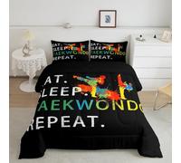 Taekwondo Kids Comforter Set Double Size,Eat Sleep Repeat Sports Competition Games Bedding Set,Boys Girls Room Decor,Tie-dye Graffiti Fashion Down Comforter,Black Duvet Insert,2 Pillowcases