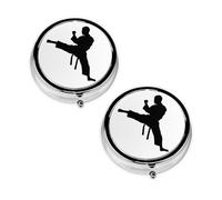 Taekwondo Martial Arts Round Pill Box Compact 3 Compartment Metal Pill Organizer with Print Design, Portable Travel Medication Case for Daily