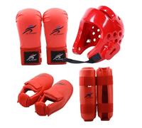 Taekwondo Sparring Gear, Karate Sparring Gear Protective Polyester Taekwondo Includes 1Pc Helmet, 1 Pair Gloves & 1 Pair Leg Guard, Also for Biking, Martial Art & More, Red, S