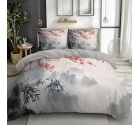 Tag Brown Duvet Cover Set Super King Bed 3pcs Oriental Mountain Plum Blossom Bamboo Leaves Bedding Set with Zipper Closure Corner Ties, Soft Durable Easy Care, Reversible quilt cover With Pillow Case