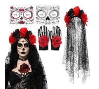 Tag der Kostüm | Elegantes Schleier-Kopfschmuck-Set | Mexikanisches Festival-Accessory for Frauen und Erwachsene | Gothic-Rosenschädel-Design | Perfekt für Halloween, Cosplay, Parade, Maskerade