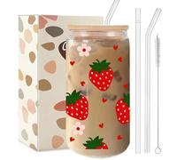 TAGDANK Strawberry Floral Hearts Glass Tumbler 16oz, Cute Aesthetic Cup with Plastic Lid & Straws, Sweet Valentine Gift for Girls Women, Birthday Mother's Day Present