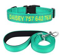 TagME Personalized Dog Collar and Leash Set, Reflective Embroidered Pet Collar with Name for Large Dogs, Turquoise