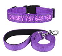 TagME Personalized Dog Collar and Leash Set, Reflective Embroidered Pet Collar with Name for Large Dogs, Purple